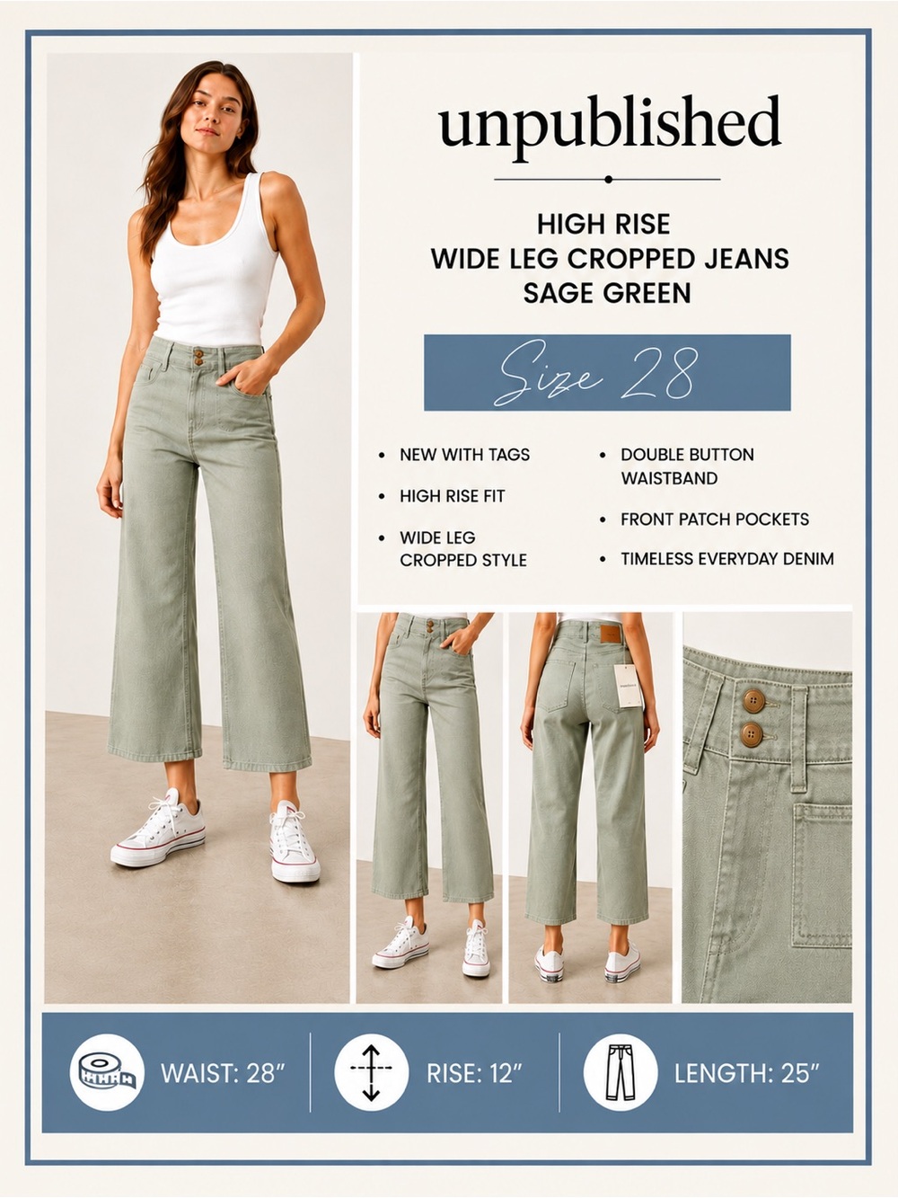 Unpublished Sage Green High Rise Wide Leg Cropped Jeans NWT 28 Waist